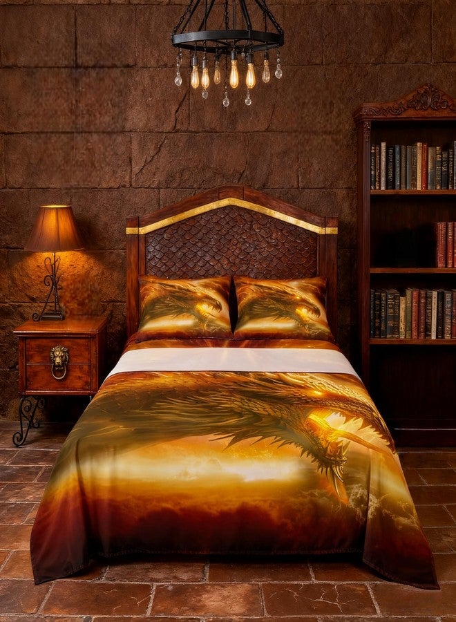 Castle Fairy طقم ملاءات سرير بتصميم تنين وقلعة، مقاس كوين، بنقشة حيوانات ثلاثية الأبعاد، 4 ملاءات مثبتة بجيب عميق، تصميم لهب، طقم ملاءات سرير من الألياف الدقيقة الناعمة، ملاءة مسطحة قابلة للتهوية للأولاد والبنات والمراهقين، برتقالي - Image 1