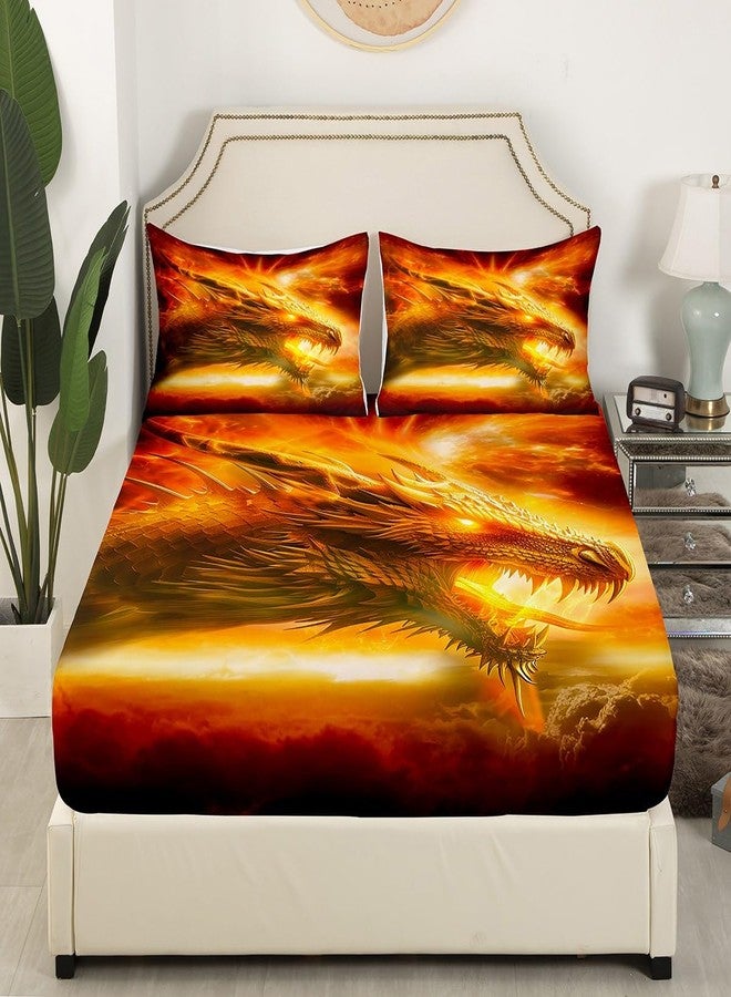 Castle Fairy طقم ملاءات سرير بتصميم تنين وقلعة، مقاس كوين، بنقشة حيوانات ثلاثية الأبعاد، 4 ملاءات مثبتة بجيب عميق، تصميم لهب، طقم ملاءات سرير من الألياف الدقيقة الناعمة، ملاءة مسطحة قابلة للتهوية للأولاد والبنات والمراهقين، برتقالي - Image 4