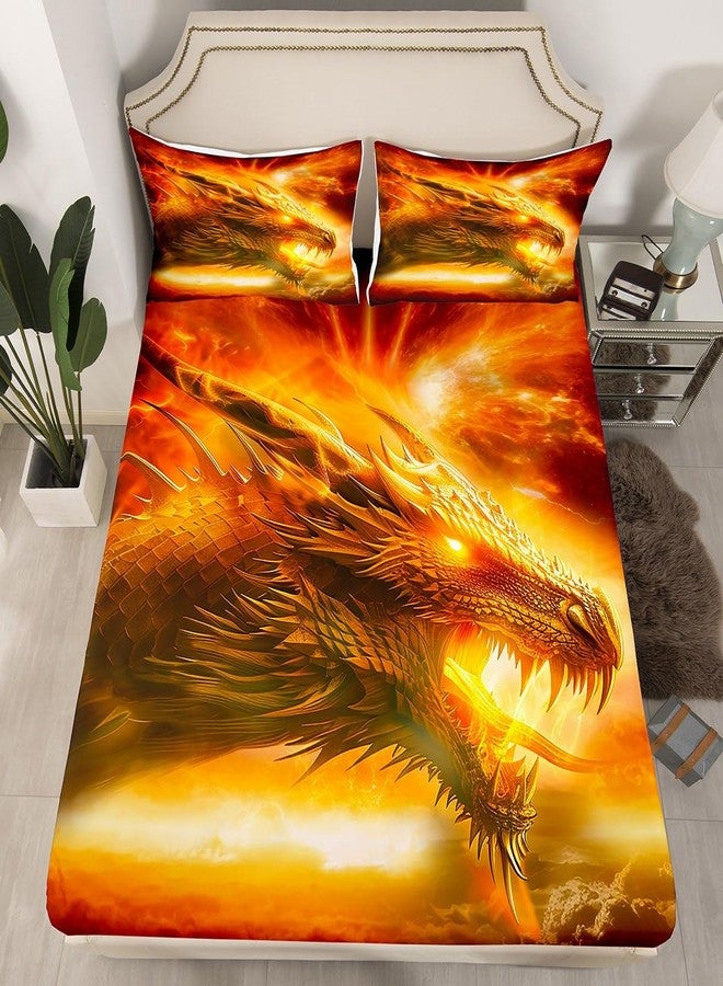Castle Fairy طقم ملاءات سرير بتصميم تنين وقلعة، مقاس كوين، بنقشة حيوانات ثلاثية الأبعاد، 4 ملاءات مثبتة بجيب عميق، تصميم لهب، طقم ملاءات سرير من الألياف الدقيقة الناعمة، ملاءة مسطحة قابلة للتهوية للأولاد والبنات والمراهقين، برتقالي - Image 3