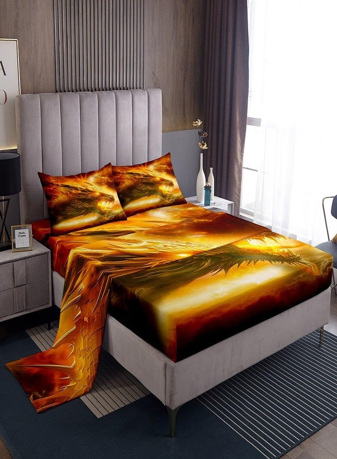 Castle Fairy طقم ملاءات سرير بتصميم تنين وقلعة، مقاس كوين، بنقشة حيوانات ثلاثية الأبعاد، 4 ملاءات مثبتة بجيب عميق، تصميم لهب، طقم ملاءات سرير من الألياف الدقيقة الناعمة، ملاءة مسطحة قابلة للتهوية للأولاد والبنات والمراهقين، برتقالي - Image 2