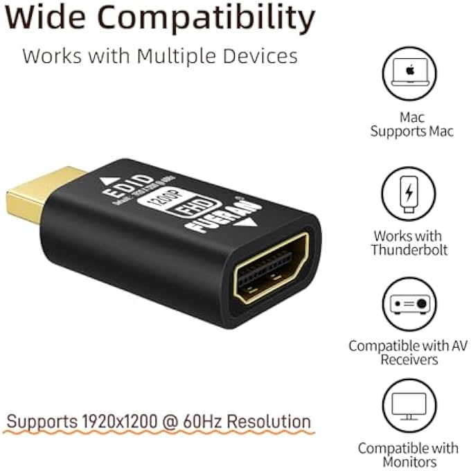 FUERAN HDMI EDID EMULATOR ADAPTER, 4K PASSTHROUGH, PLUG & PLAY, COMPATIBLE WITH MAC, THUNDERBOLT TO HDMI, SWITCHES, AV RECEIVERS, EXTENDERS (1920X1200@60HZ-HEI) - Image 2