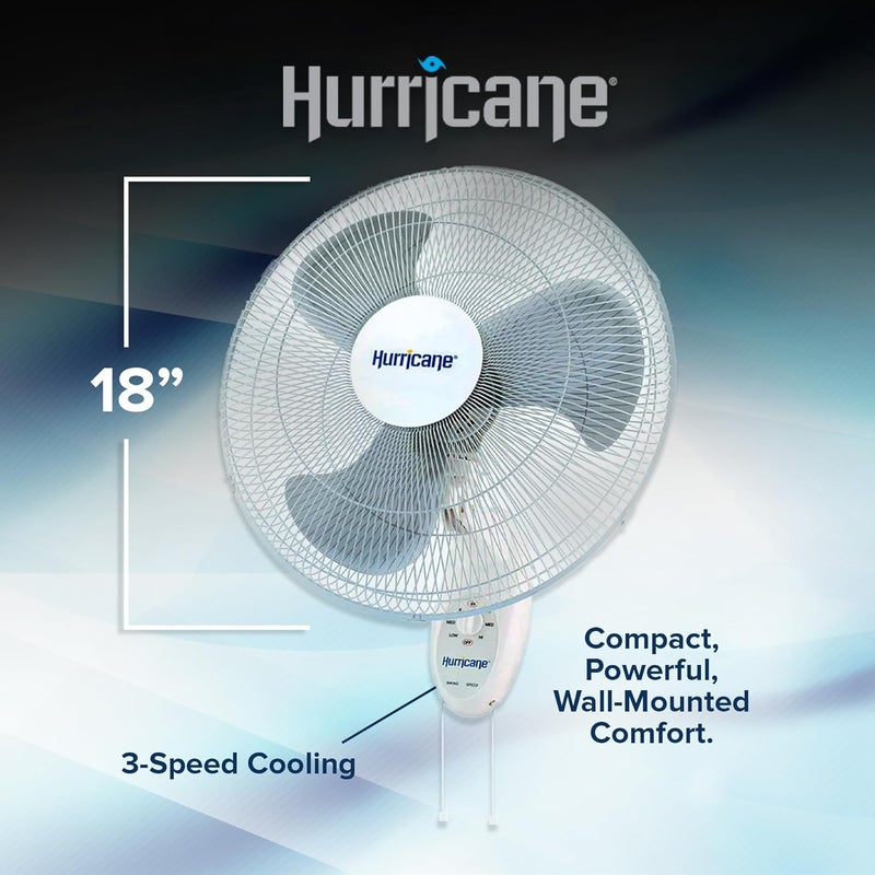 Hurricane Supreme Oscillating Wall Mount Fan w/ 3 Quite Speeds, White, 18" - Corded Electric Air Cooling Unit w/ Easy Pull Cord Controls for Homes, Greenhouses, Garages, Workshops & Gyms - Image 3
