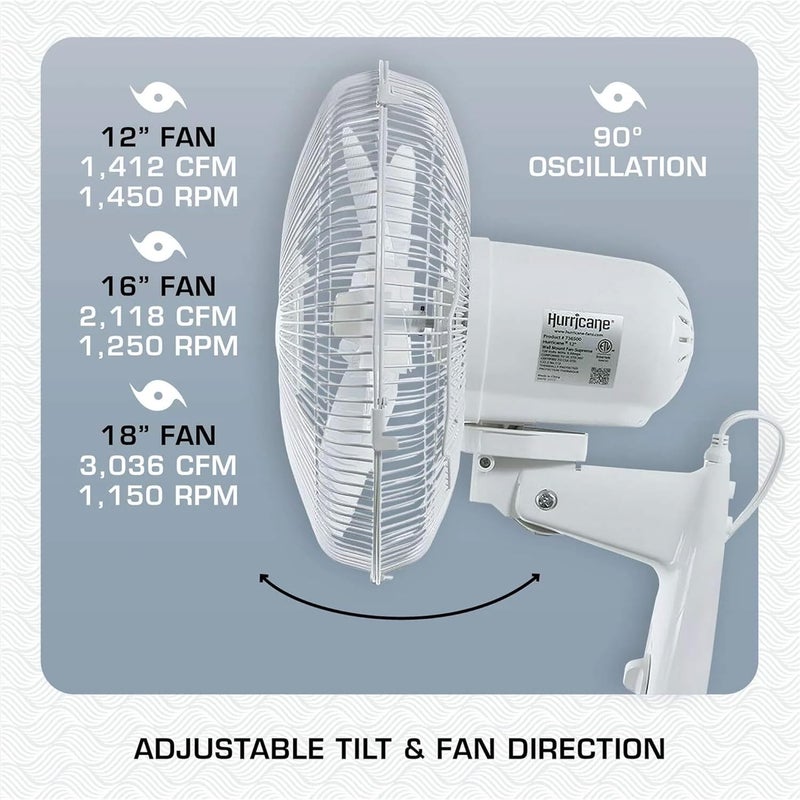 Hurricane Supreme Oscillating Wall Mount Fan w/ 3 Quite Speeds, White, 18" - Corded Electric Air Cooling Unit w/ Easy Pull Cord Controls for Homes, Greenhouses, Garages, Workshops & Gyms - Image 4