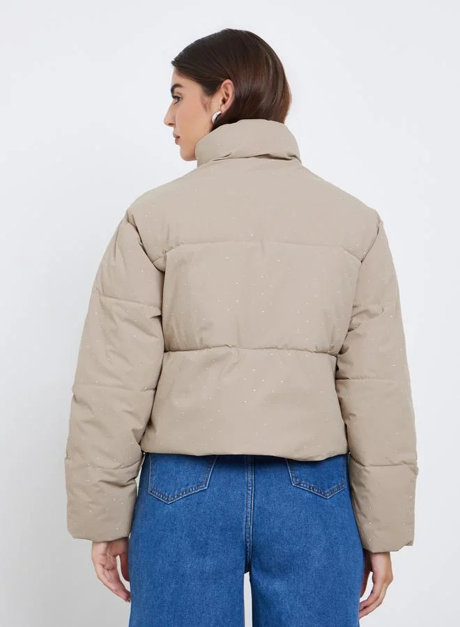 Styli Beige Women Beige Embellished Regular Fit Regular Length Padded Jacket for Women | Best Price UAE