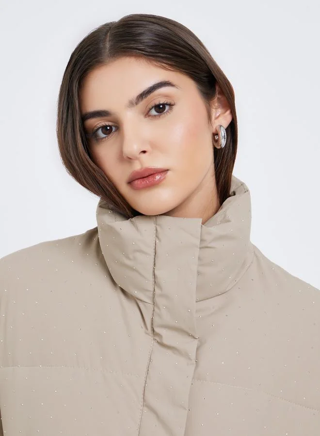 Styli Beige Women Beige Embellished Regular Fit Regular Length Padded Jacket for Women | Best Price UAE
