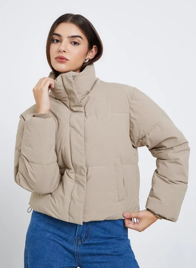 Styli Beige Women Beige Embellished Regular Fit Regular Length Padded Jacket for Women | Best Price UAE