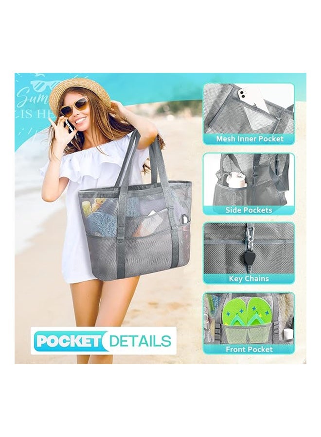 جيفت حقائب شاطئ شبكية مع جيوب، حقيبة حمل شبكية خفيفة الوزن وقابلة للطي لحمل المناشف، وألعاب الشاطئ للشاطئ، وحمام السباحة، وصيد الأسماك، والنزهات العائلية. - Image 5