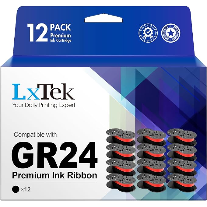 LxTek Replacement for GR24 Universal Twin Spool Calculator Ribbon use with Nukote BR80c, Sharp El 1197 P III, Porelon 11216, Dataproducts R3027 (Black/red, 12-Pack)