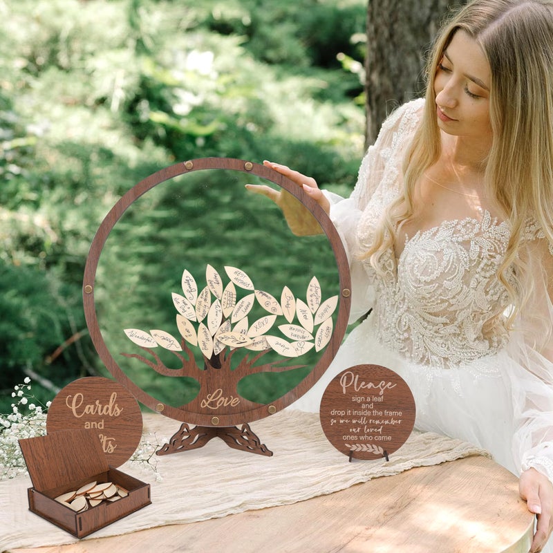 LINGANA Wedding Guest Book Alternative - Personalized Bridal Shower Party Decorations,Wooden Family Tree Guest Book,Standing Wedding Keepsake Artwork,Circle Family Tree Sign with 60 Leaves - Image 2