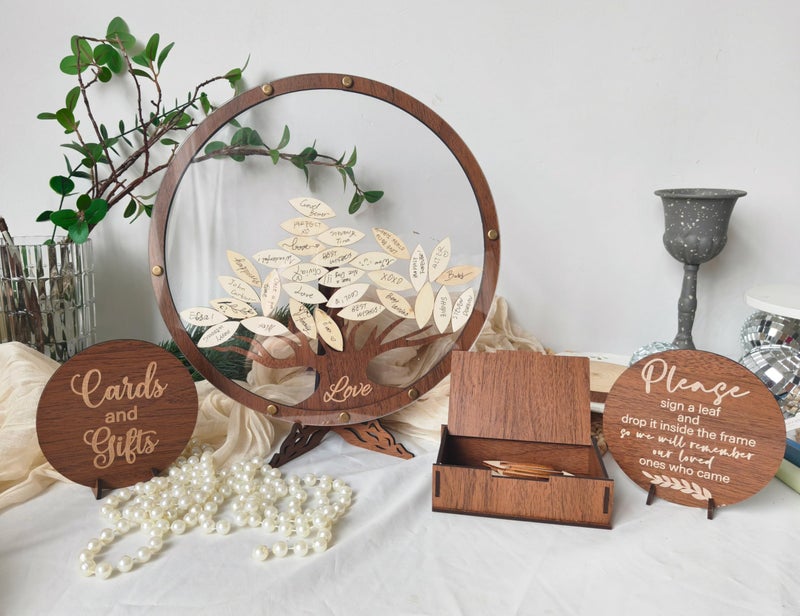LINGANA Wedding Guest Book Alternative - Personalized Bridal Shower Party Decorations,Wooden Family Tree Guest Book,Standing Wedding Keepsake Artwork,Circle Family Tree Sign with 60 Leaves - Image 5