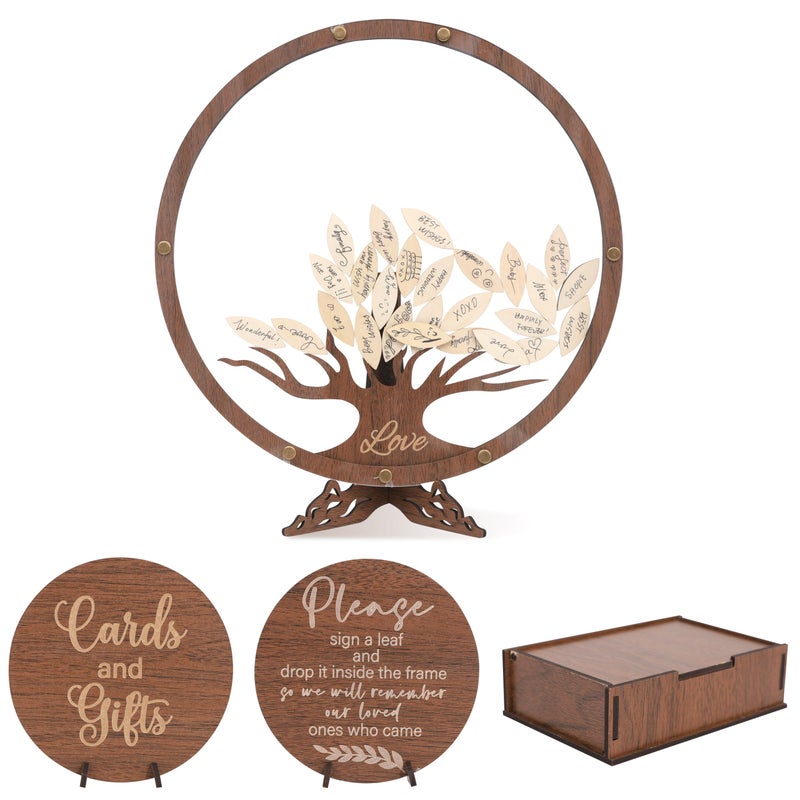 LINGANA Wedding Guest Book Alternative - Personalized Bridal Shower Party Decorations,Wooden Family Tree Guest Book,Standing Wedding Keepsake Artwork,Circle Family Tree Sign with 60 Leaves - Image 1