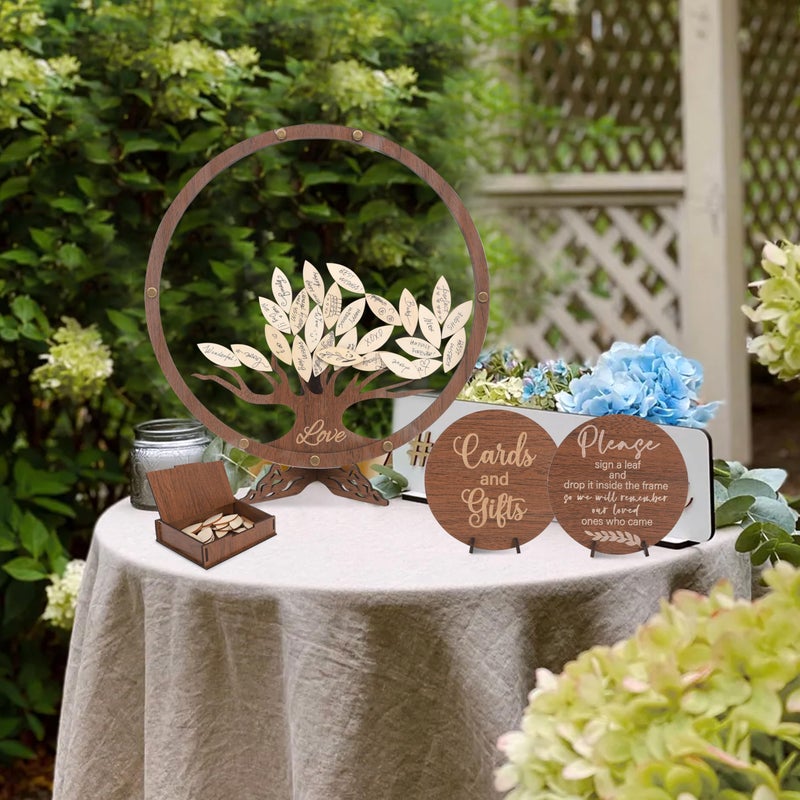 LINGANA Wedding Guest Book Alternative - Personalized Bridal Shower Party Decorations,Wooden Family Tree Guest Book,Standing Wedding Keepsake Artwork,Circle Family Tree Sign with 60 Leaves - Image 4