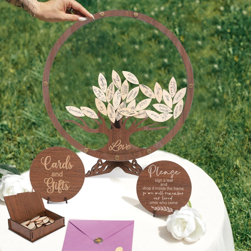 LINGANA Wedding Guest Book Alternative - Personalized Bridal Shower Party Decorations,Wooden Family Tree Guest Book,Standing Wedding Keepsake Artwork,Circle Family Tree Sign with 60 Leaves - Image 3