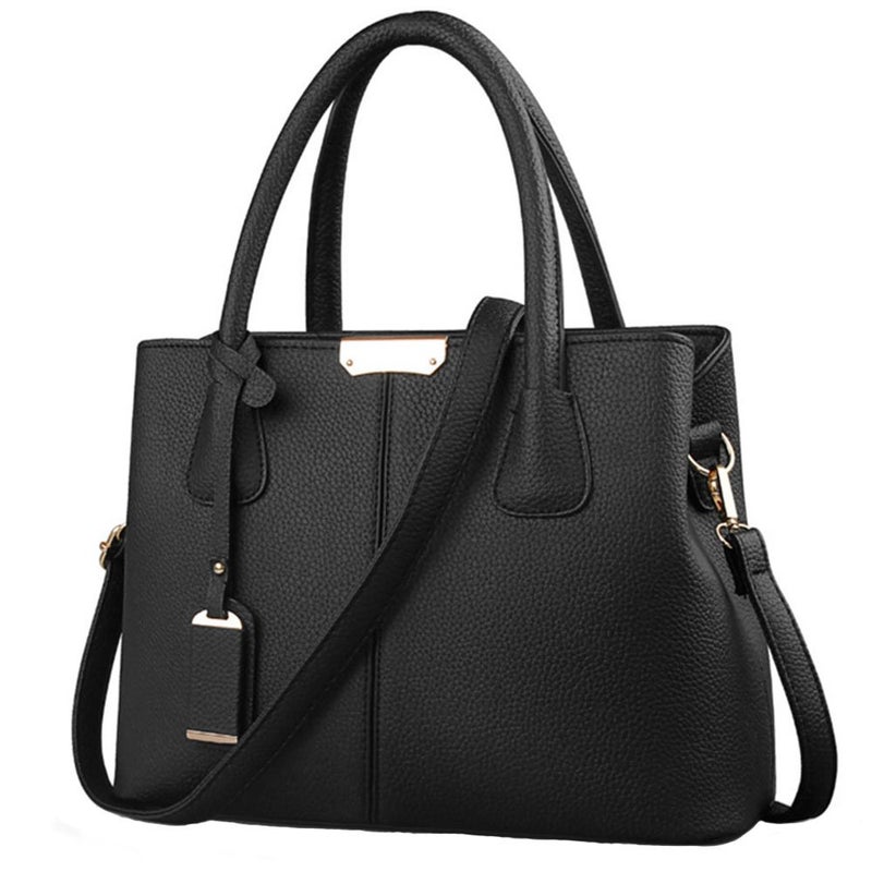 FiveloveTwo Women Ladies Classy Satchel Handbag Tote Purse PU Leather Top- Handle Shoulder Bag Black - Image 1