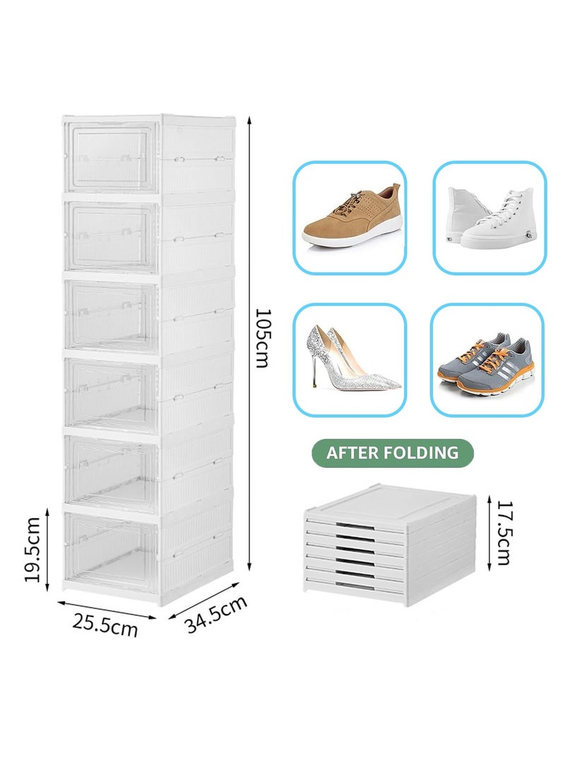 Bukela 6-Tier Foldable Shoe Storage Box, No Assembly Stackable Shoe Organizer Storage Bins with Clear Door, Free Standing Shoe Shelf Cabinet with Lids - Image 2