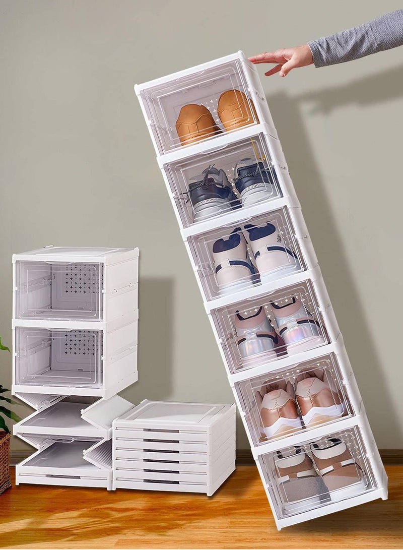 Bukela 6-Tier Foldable Shoe Storage Box, No Assembly Stackable Shoe Organizer Storage Bins with Clear Door, Free Standing Shoe Shelf Cabinet with Lids - Image 3