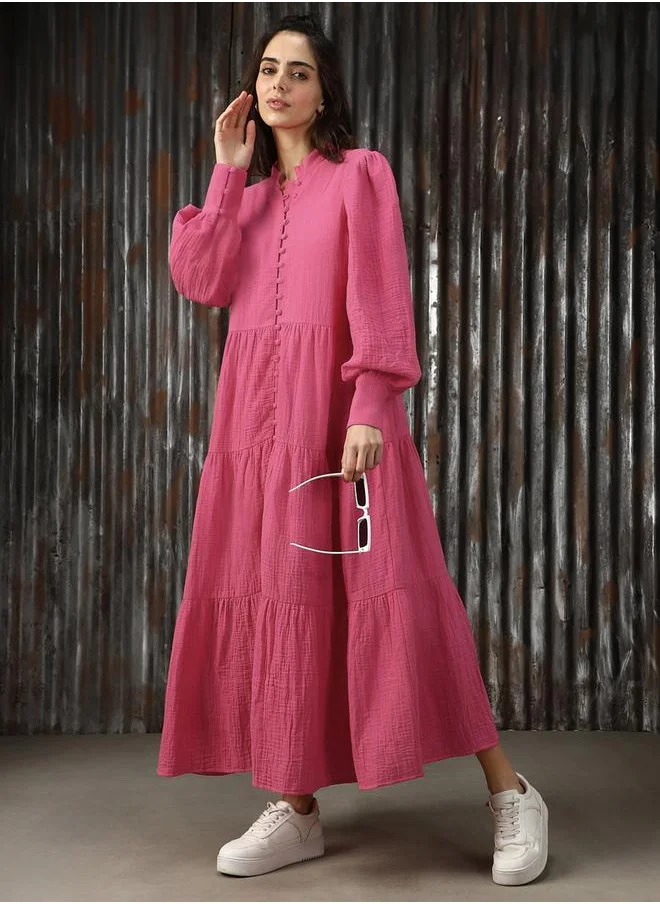 HIGH STAR Women Mandarin Neck Balloon Sleeves Pure Cotton A-Line Fit & Flare Textured Cotton Midi Dress