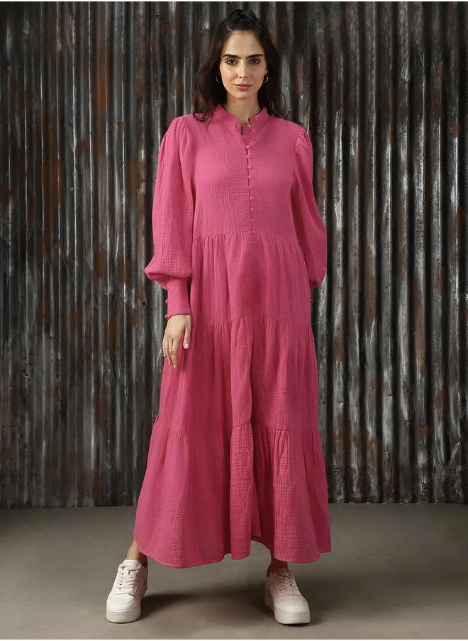 HIGH STAR Women Mandarin Neck Balloon Sleeves Pure Cotton A-Line Fit & Flare Textured Cotton Midi Dress