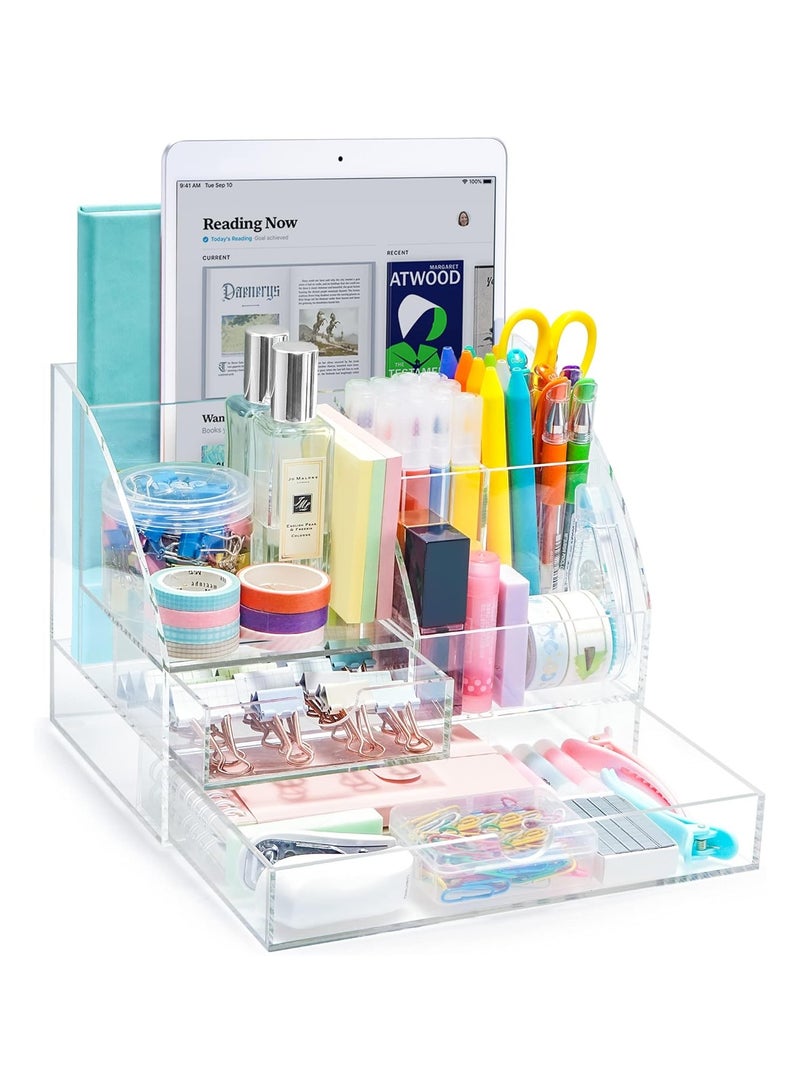 TPGP Acrylic Desk Organizer with 2 Drawers, Clear Office Desktop Accessories Stationery Pen Organizer for Desk, Features 5 Compartments + 2 Sliding Drawer - Image 1