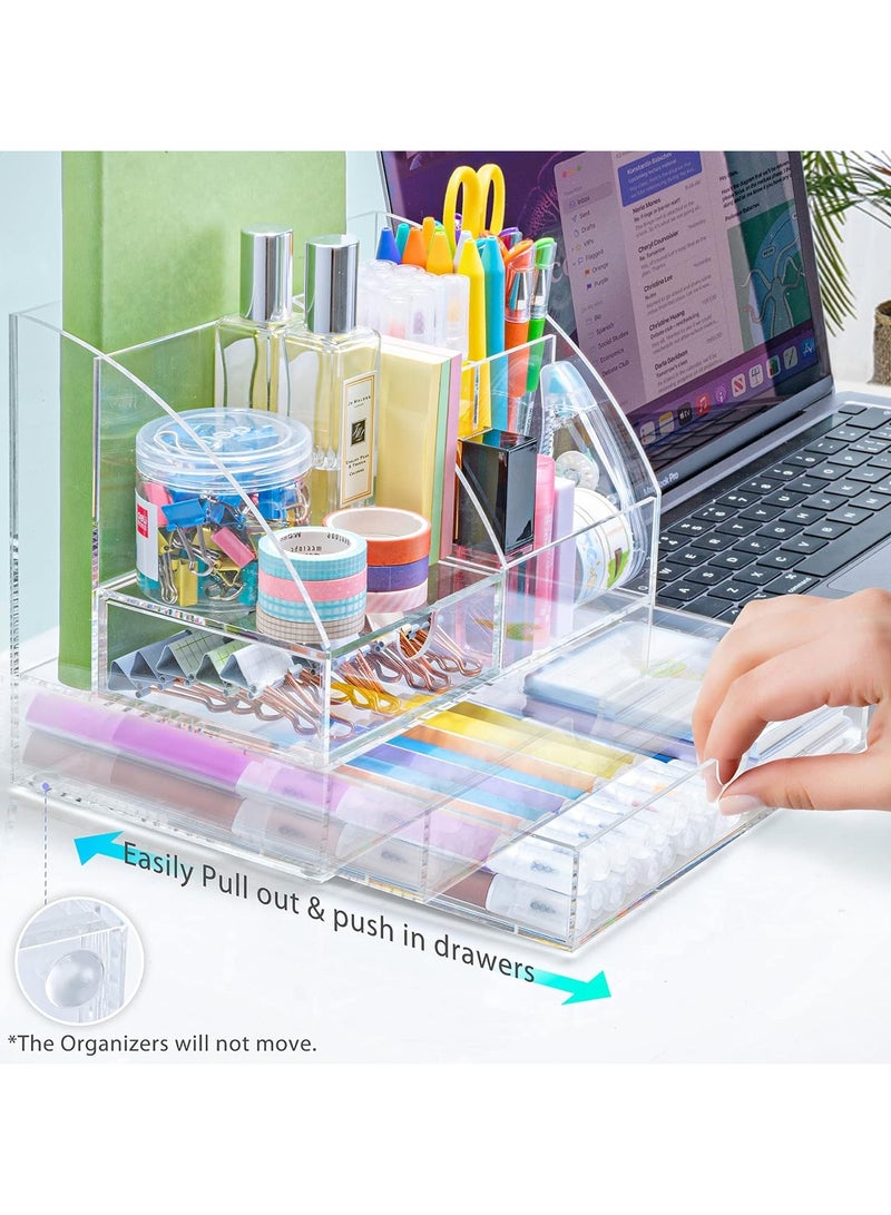 TPGP Acrylic Desk Organizer with 2 Drawers, Clear Office Desktop Accessories Stationery Pen Organizer for Desk, Features 5 Compartments + 2 Sliding Drawer - Image 3