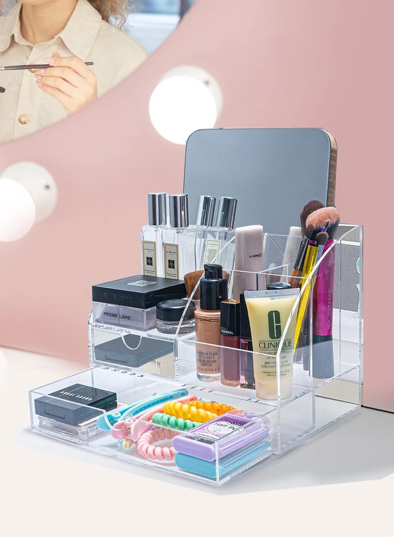 TPGP Acrylic Desk Organizer with 2 Drawers, Clear Office Desktop Accessories Stationery Pen Organizer for Desk, Features 5 Compartments + 2 Sliding Drawer - Image 2
