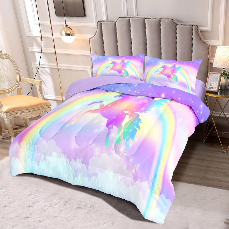 Decalsweet Kids Comforter Bedding Set 3 Pieces Super Soft Breathable Print Kids Bedding Sets for Girls, Machine Washable Durable Comforter Set, 2 Pillowcases Rainbow(Twin, Purple Unicorn) - Image 2