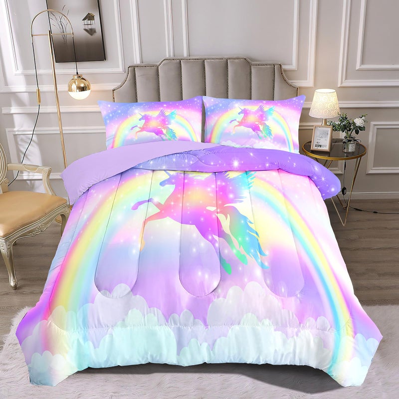 Decalsweet Kids Comforter Bedding Set 3 Pieces Super Soft Breathable Print Kids Bedding Sets for Girls, Machine Washable Durable Comforter Set, 2 Pillowcases Rainbow(Twin, Purple Unicorn) - Image 1