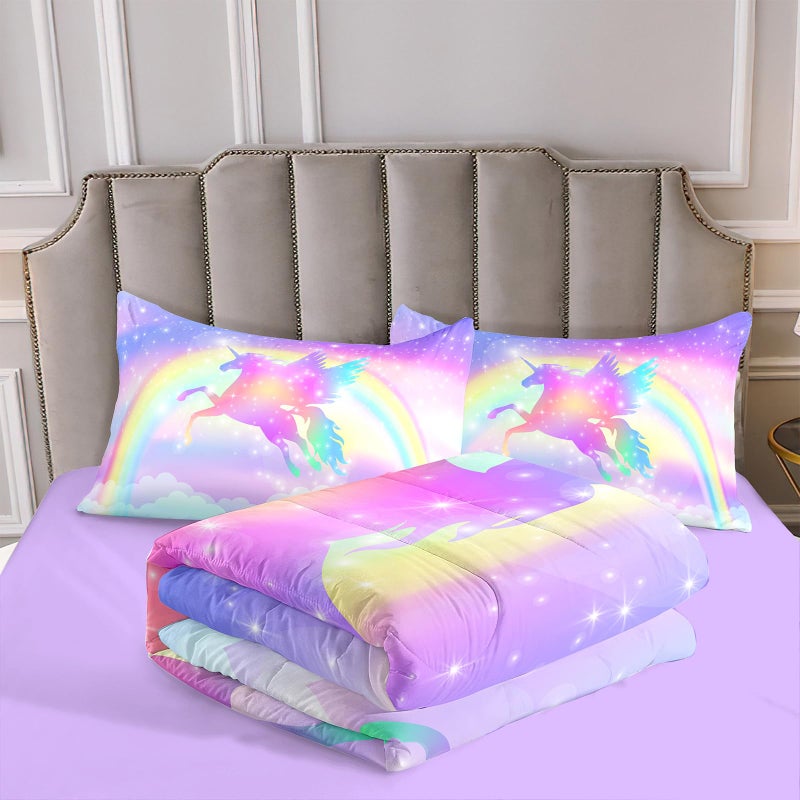 Decalsweet Kids Comforter Bedding Set 3 Pieces Super Soft Breathable Print Kids Bedding Sets for Girls, Machine Washable Durable Comforter Set, 2 Pillowcases Rainbow(Twin, Purple Unicorn) - Image 3