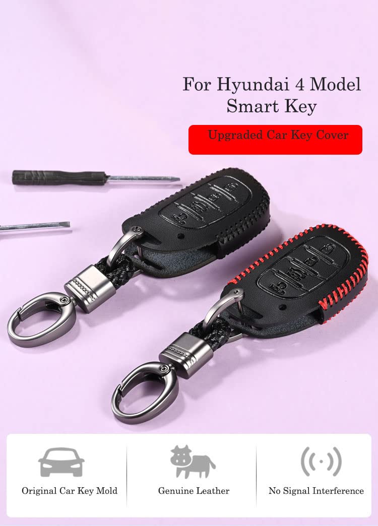 Contacts Soft Leather Car Key Cover Compatible With Hyundai 4 Button Smart Key With Key Chain For Alcazar, Venue, Elantra, Venue, Tucson, Creta, I20, N Line Models, Black - Image 2