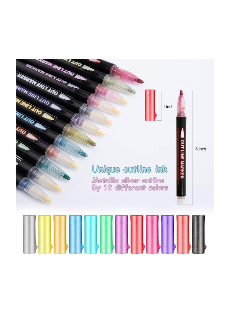 Doodle Markers 12 Colors Outline Metallic Markers Double Line Pens Paint Permanent Marker Pens for Art Drawing Thank You Cards Greeting Cards Rock Painting Hand Account Greeting Card Doodle Pen - Image 2