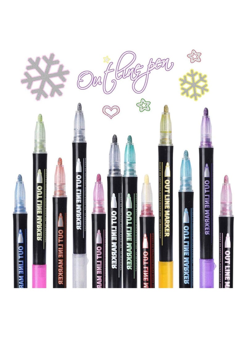 Doodle Markers 12 Colors Outline Metallic Markers Double Line Pens Paint Permanent Marker Pens for Art Drawing Thank You Cards Greeting Cards Rock Painting Hand Account Greeting Card Doodle Pen - Image 1