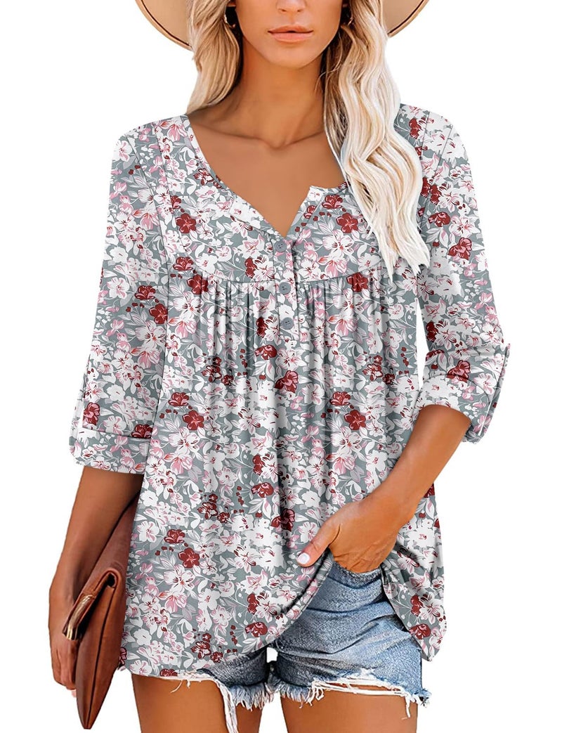 ROSELINLIN Womens Tunic Top Loose Fit Long Sleeve Boho Shirts Gray Pink L - Image 2