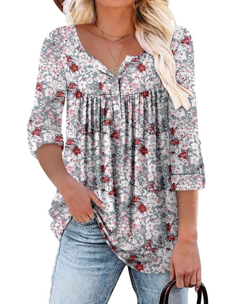 ROSELINLIN Womens Tunic Top Loose Fit Long Sleeve Boho Shirts Gray Pink L - Image 1