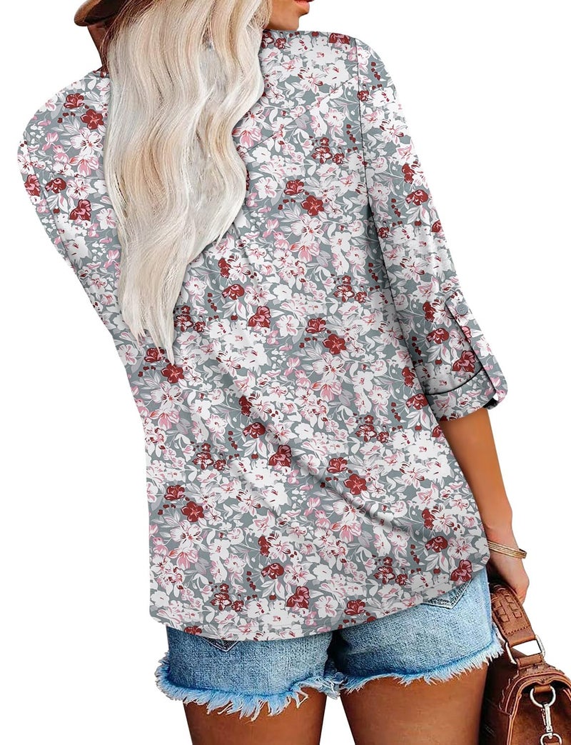 ROSELINLIN Womens Tunic Top Loose Fit Long Sleeve Boho Shirts Gray Pink L - Image 4