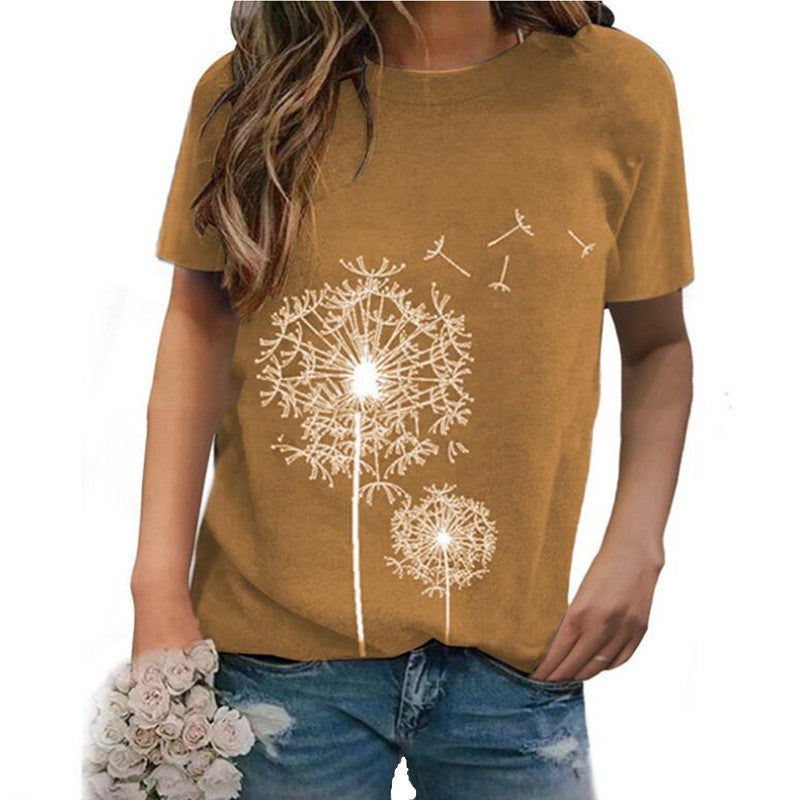 2021 independent station wish European and American spring and summer new dandelion print round neck short-sleeved casual loose T-shirt women Khaki L - Image 1