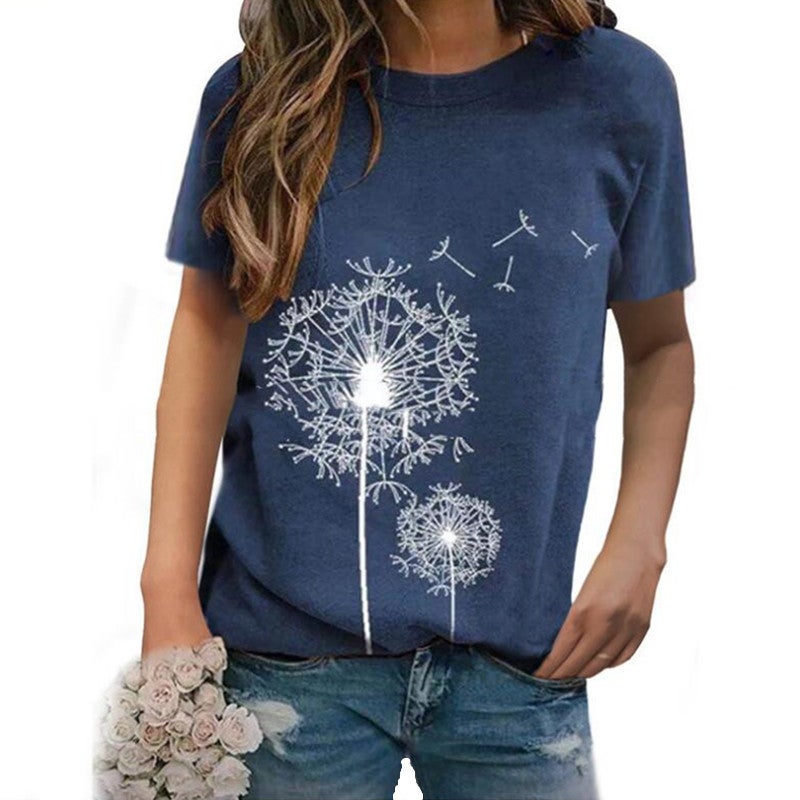2021 independent station wish European and American spring and summer new dandelion print round neck short-sleeved casual loose T-shirt women Khaki L - Image 3