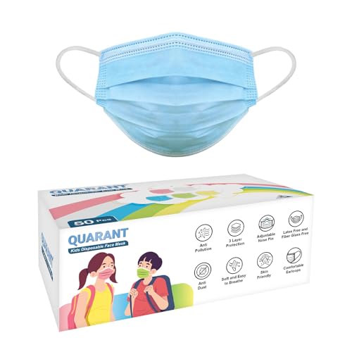 QUARANT Meltblown Fabric Kids 3 Ply Disposable Face Mask with Nose Clip for Boys & Girls, Suitable for Children Aged 5 to 12 Years (Blue, Pack of 50) for Unisex - Image 1