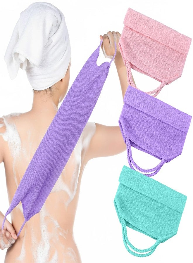 Bruislard Exfoliating Shower Towel, 3 Pcs Double-Sided Back Exfoliator Body Scrub Towel, Nylon Scrubber with Handles, Stretchable Back Washer for Shower for Women Men(Green, Pink, Purple) - Image 1