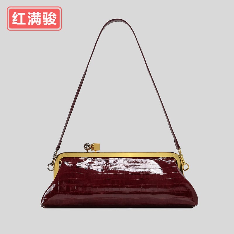 Women's PU Leather Clutch Baguette Bag with Metal Clasp, Stone & Patent Textures for Evening Parties - Image 1