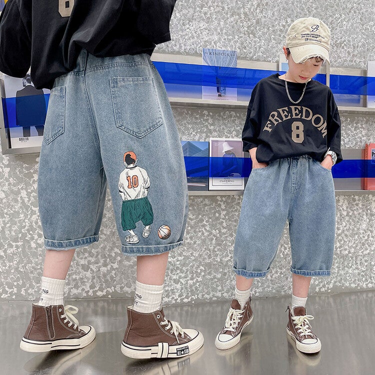 Boys' Denim Shorts Summer Korean Style Medium And Large Kidsren'S Five-Point Pants Kidsren'S Comfortable Thin Medium Pants Summer Wear - Image 1