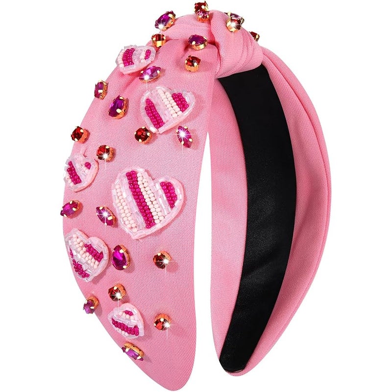 بودرير boderier Valentines Day Headband Red Pink Heart Headband Jeweled Crystal Knotted Headband Valentines Lover Party Hair Accessory (Pink Beaded Heart) - Image 1