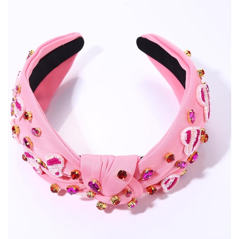 بودرير boderier Valentines Day Headband Red Pink Heart Headband Jeweled Crystal Knotted Headband Valentines Lover Party Hair Accessory (Pink Beaded Heart) - Image 4