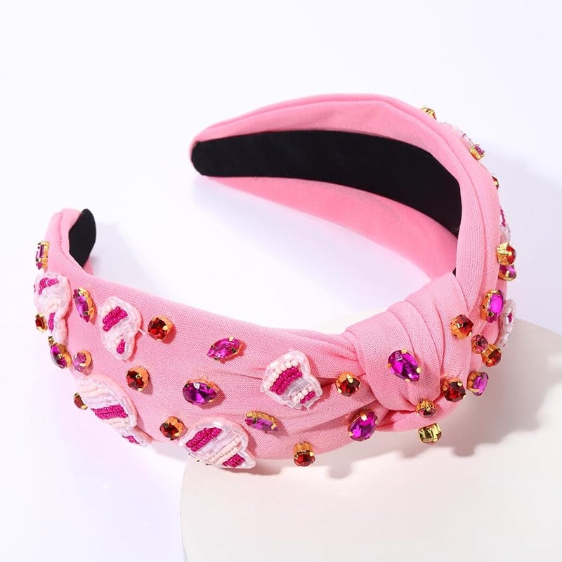 بودرير boderier Valentines Day Headband Red Pink Heart Headband Jeweled Crystal Knotted Headband Valentines Lover Party Hair Accessory (Pink Beaded Heart) - Image 5