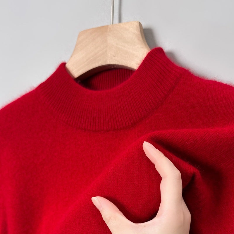 9 colors optional] semi-high collar solid color sweater mens round neck sweater casual fashion base shirt young and middle-aged simple Mat-neck large red