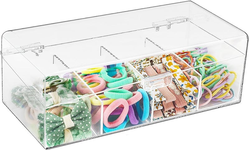 JessLab Hair Accessories Organizer for Girls Acrylic Hair Bow Tie Clip Scrunchie Holder with Dividers Clear Stackable Storage Box for Bathroom Bedroom Vanity Countertop 4 Compartment