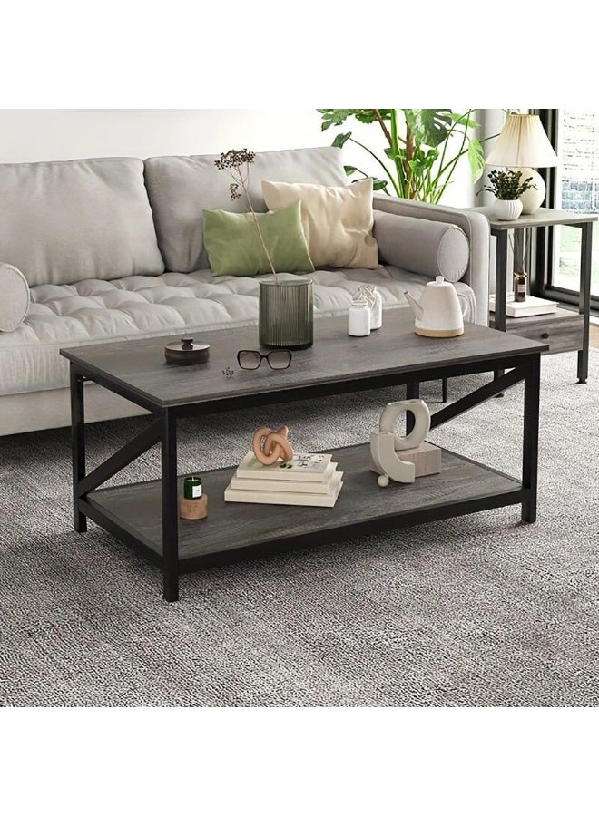 Generic 2-Tier Industrial Coffee Table, 100cm Wooden Low Table with Open Shelf Storage and Metal Frame for Living Room, Modern Center Table Simple Sofa Side Table for Home Office, CJ012 (Grey)  - Image 1
