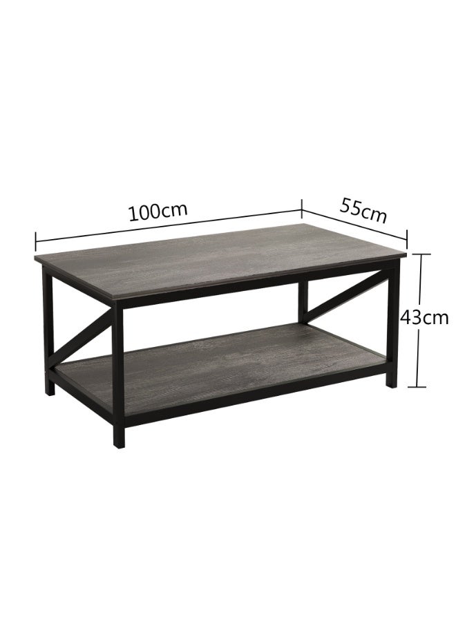Generic 2-Tier Industrial Coffee Table, 100cm Wooden Low Table with Open Shelf Storage and Metal Frame for Living Room, Modern Center Table Simple Sofa Side Table for Home Office, CJ012 (Grey)  - Image 2