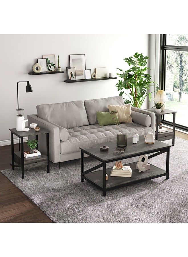 Generic 2-Tier Industrial Coffee Table, 100cm Wooden Low Table with Open Shelf Storage and Metal Frame for Living Room, Modern Center Table Simple Sofa Side Table for Home Office, CJ012 (Grey)  - Image 3