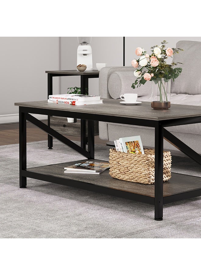 Generic 2-Tier Industrial Coffee Table, 100cm Wooden Low Table with Open Shelf Storage and Metal Frame for Living Room, Modern Center Table Simple Sofa Side Table for Home Office, CJ012 (Grey)  - Image 5