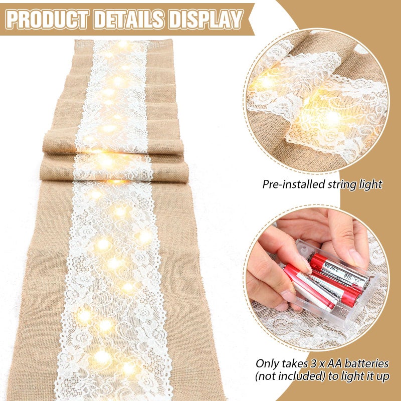Xinnun 6 Pack Burlap Table Runner with LED String Lights, Modern Rustic Lace Natural Vintage Boho Jute Wedding Table Decor for Farmhouse Thanksgiving Christmas(Thanksgiving Harvest Style,12x70 Inches) - Image 3